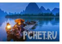 Весло, плот, рыбак, фонарь, шляпа, вода, птица, холм, вечер Весло, плот, рыбак, фонарь, шляпа, вода, птица, холм, вечер